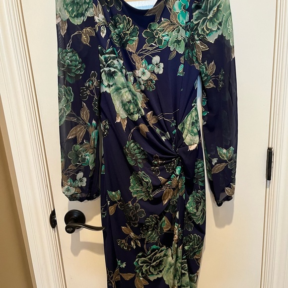 Leslie Fay Navy and Green Floral Long Sleeve Dress - Picture 2 of 4